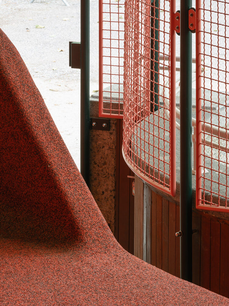 steel-framed lockers integrate into the architectural composition