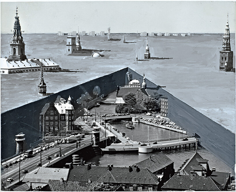 Projekt für die Stadt Kopenhagen [Project for the City of Copenhagen], 1969 Photomontage retouched with watercolor, 20.2 × 25 cm Centre Pompidou, Musée national d’art moderne – Centre de création industrielle, Paris Acquisition, 1993 © Private Archive Hollein Photo © Centre Pompidou, MNAM-CCI/Georges Meguerditchian/Dist. GrandPalaisRmn