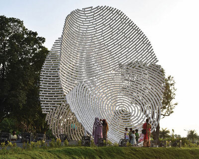 sculptural steel installation shapes touching fingerprint ridges in india