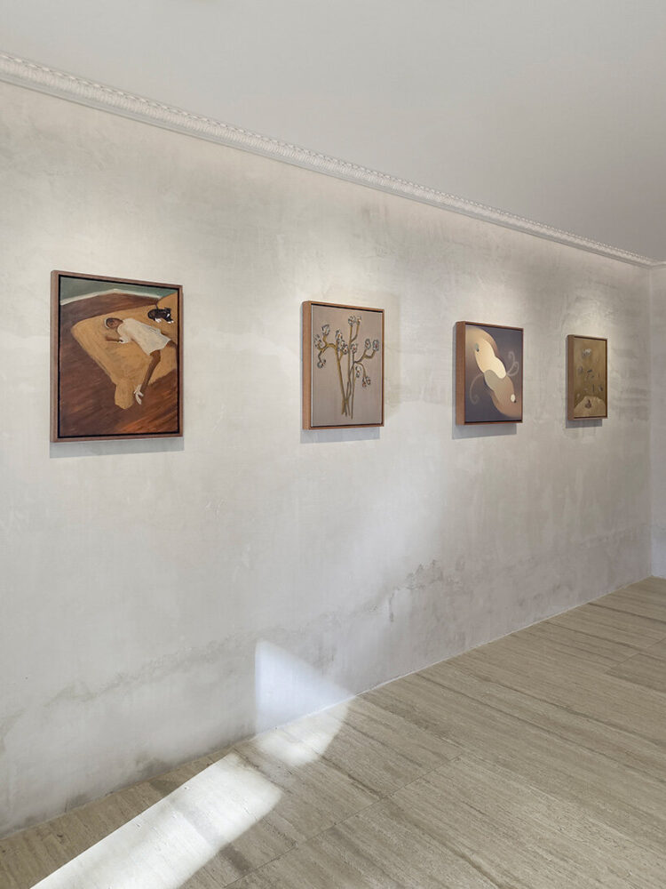 left to right: Danielle McKinney, We Need to Talk, 2020, Blair Saxon-Hill, Solemn Blooms, 2023, Angela Heisch, Hot Lock, 2020, Luchita Hurtado, Untitled, 1975