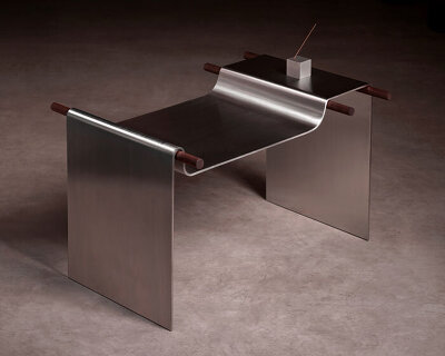 single sheet of steel drapes like fabric over wooden rods to form parchment stool