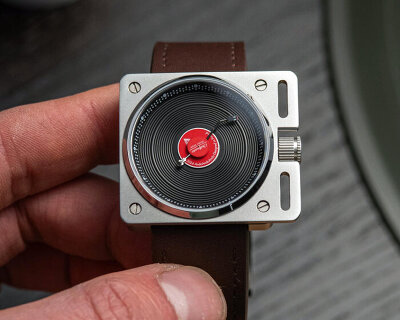 vinyl record player automatic watch reimagines panasonic SL-1200 turntable as timepiece