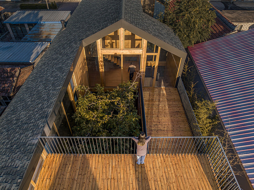 a ribbon of gray asphalt shingles slips down from the pitched roof  