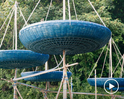 five blue water droplet baskets by canalside studio harvest rainwater in rural hong kong