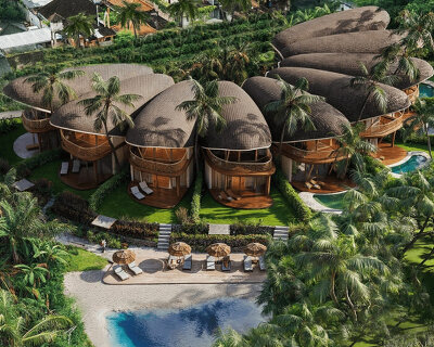 boutique hotel in bali by archigods opens like a blooming ring of pistachio shells