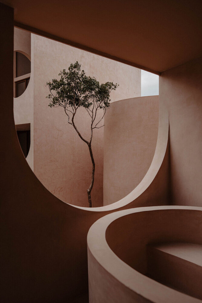 vaulted ceilings, cross-ventilation, and bioclimatic strategies enhance thermal performance