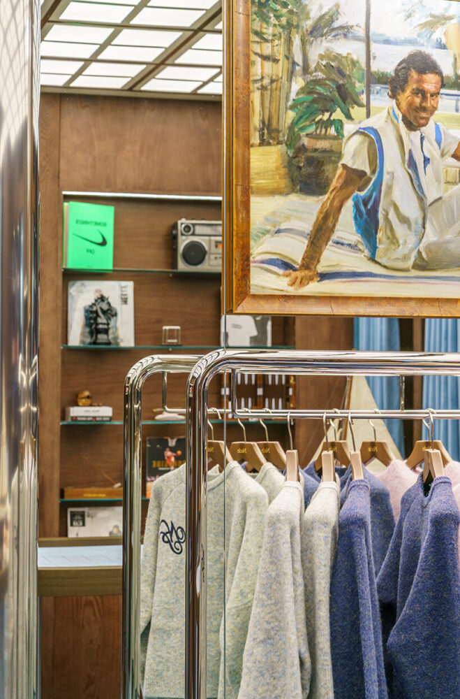 floor-to-ceiling shelves host curated vinyls