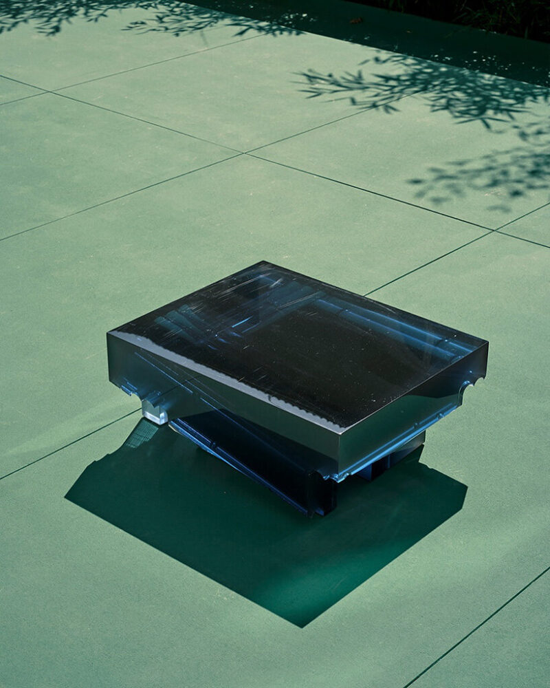 Gallée’s piece in deep blue resin abstracts the structural logic of bamboo into bold forms