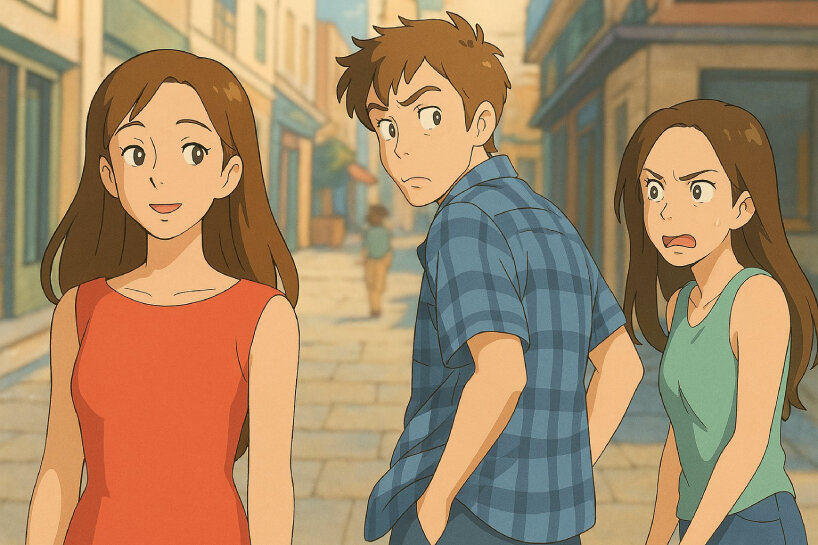 Distracted Boyfriend meme turned into Studio Ghibli-style image | image via @Zeneca