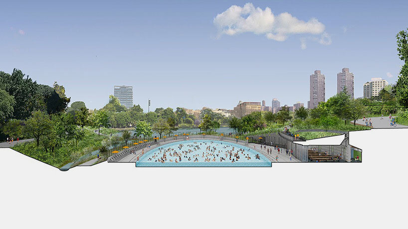 the center’s new oval-shaped pool sits lower than the old one