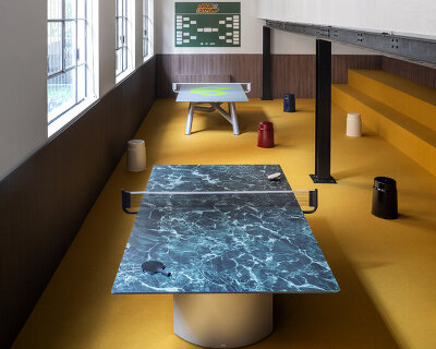 outpump transforms spazio verso into a social club with porcelain ping-pong tables by LAVA