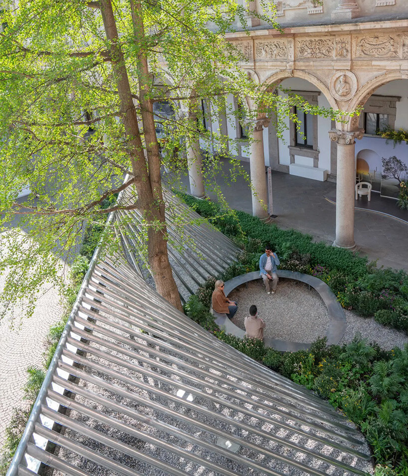 the installation transforms into a communal space where design and sustainability converge