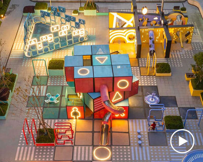layered geometric rubix square by 100architects blends play installations with lighting