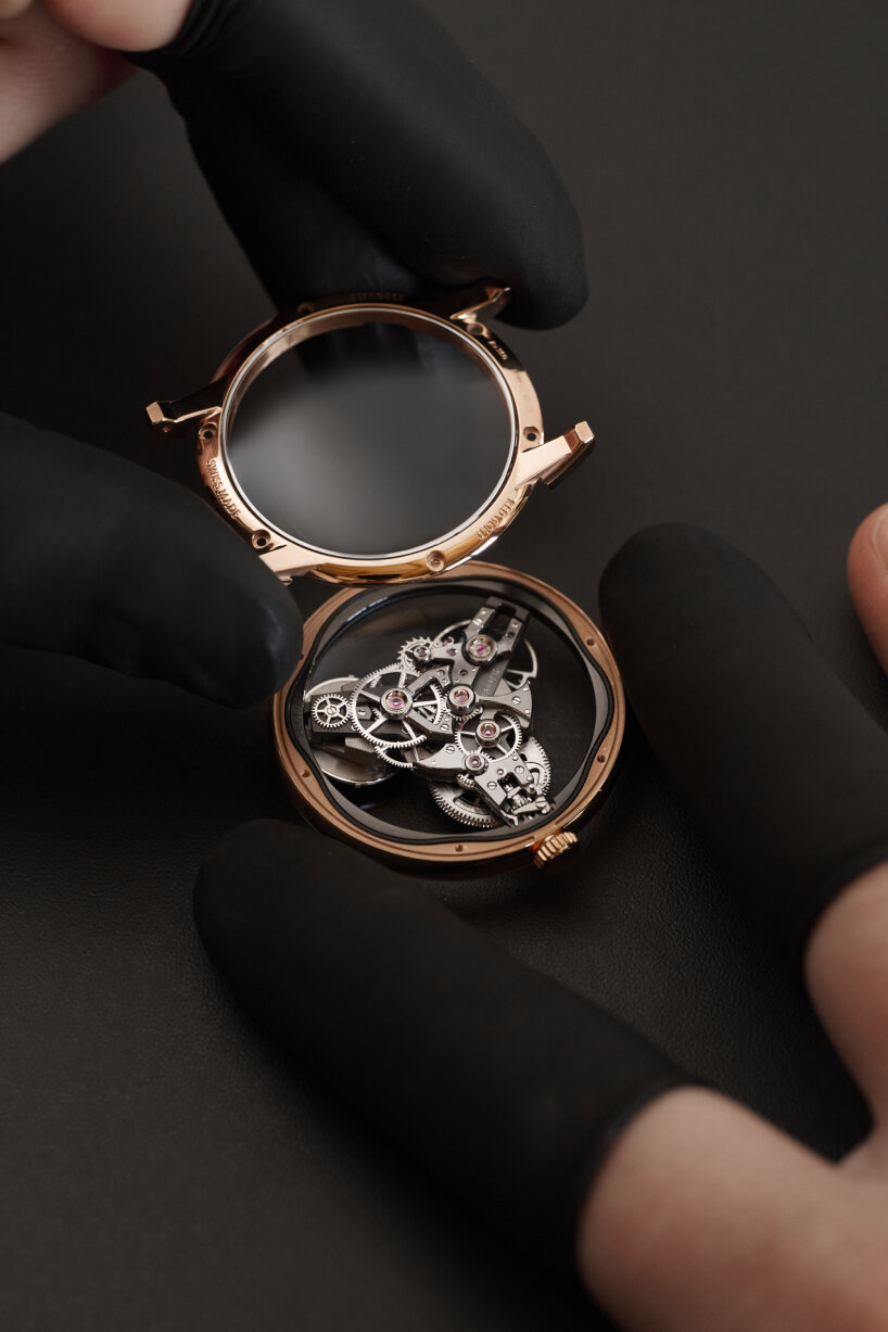 the artisans who make MB&F’s transparent watch, SP One, angle every tiny gear by hand