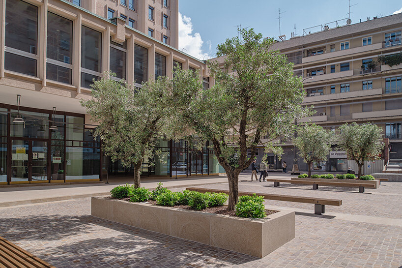 the formerly vehicle-dominated area around the tower has is re-landscaped as Piazza Velasca