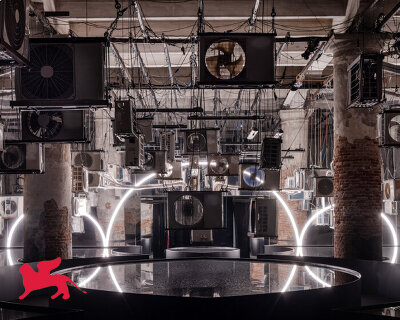 suspended air conditioners & water pools confront global energy impacts at venice biennale