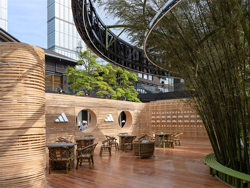 the furniture design reflects Chengdu’s teahouse culture, integrated into a contemporary installation