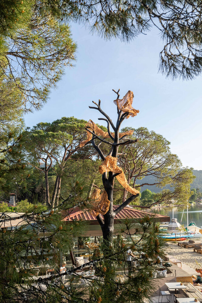 the absent canopy is reimagined in oxidizing copper and brass mesh