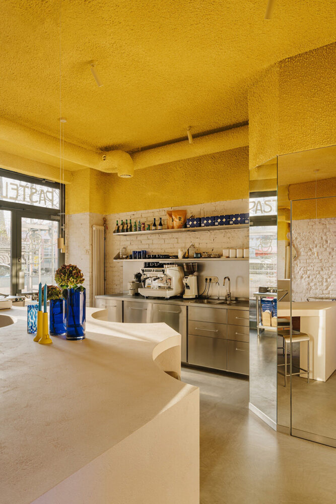 the ceiling is coated entirely in yellow spray foam