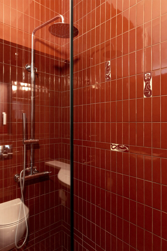the bathroom features custom-made tiles by artist Fani Skoulikidi Boukouvala