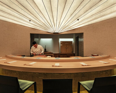 washi-textured ceiling fans across uchida shanghai's restaurant in china