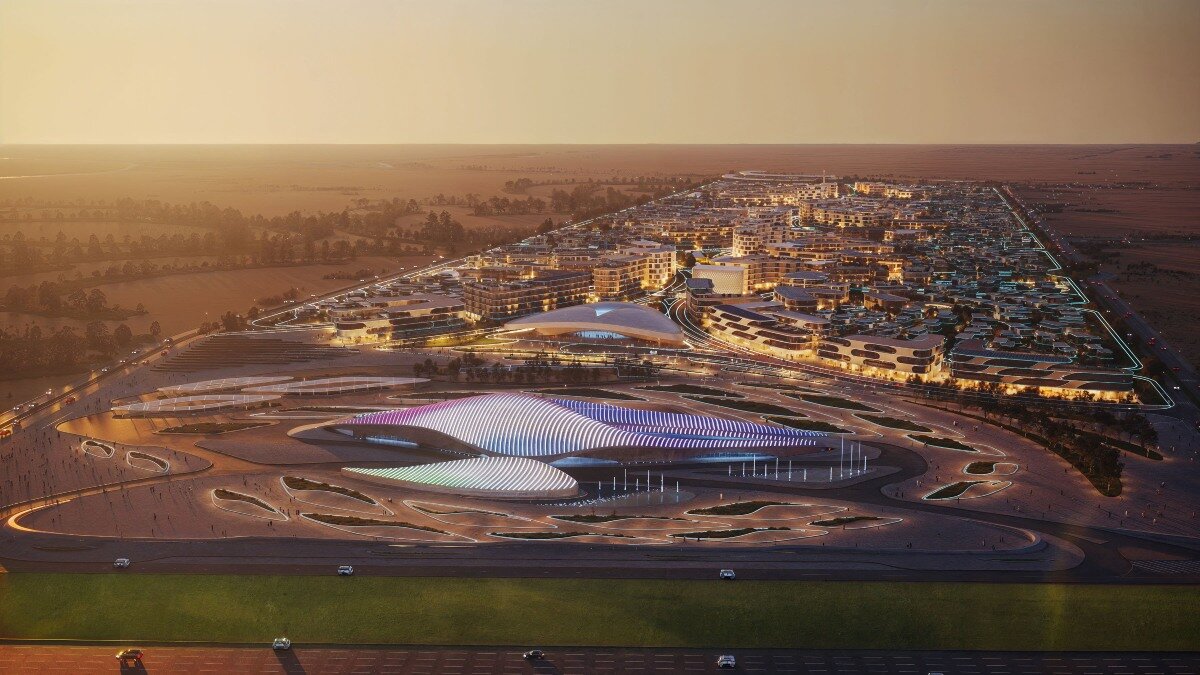 zaha hadid anchors smart city masterplan in sharjah with shaded oasis spine