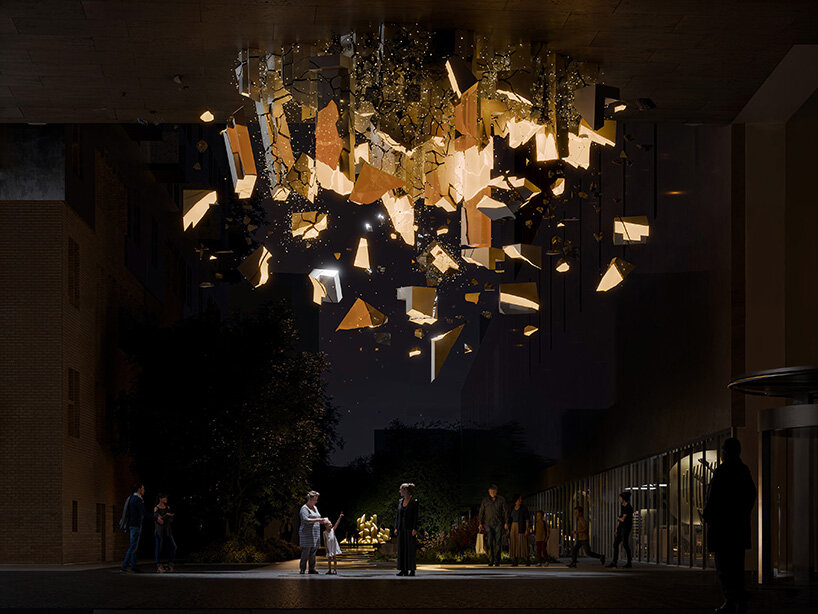 the designers open the ground to allow light, water, and nature to animate the plazas