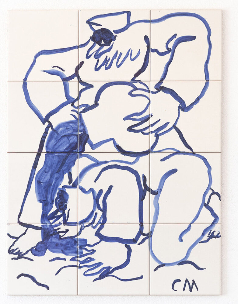 Conny Maier, 'Zornen', 2024. Cobalt on white glazed ceramic/ 60 x 60 cm. | image courtesy of the artist and SOCIÉTÉ, Berlin