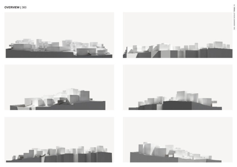 360° physical model views, illustrating the project's volumetric articulation and adaptation to the slope
