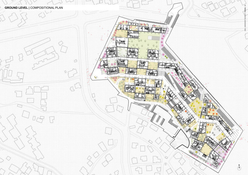 ground floor compositional plan integrating residential units with green courtyards and circulation paths