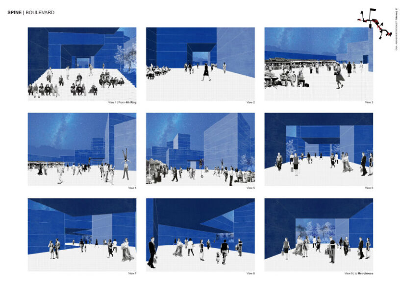 conceptual renderings of the spine boulevard, illustrating public life and spatial sequences along the central axis
