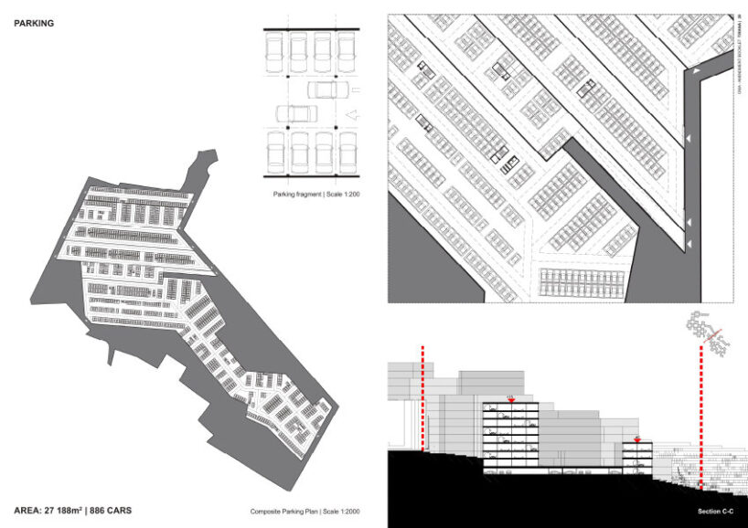 underground parking layout for Mangalem 21, accommodating 886 cars over 27,188 m², with section showing integration below the sloped site.