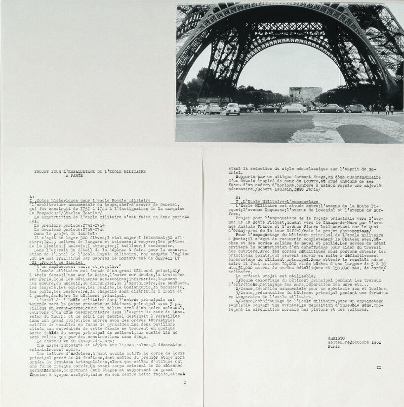 Christo, Projet pour l'Empaquetage de l'École Militaire à Paris, Collage, 1963, property of the Christo and Jeanne-Claude Foundation | Photo by Shunk-Kender © 1963, courtesy of Christo and Jeanne-Claude Foundation and J. Paul Getty Trust