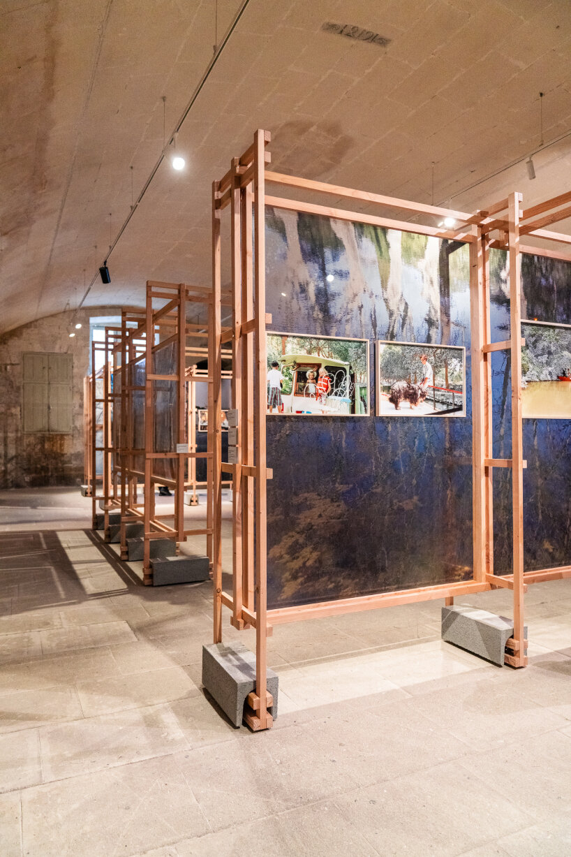 from left to right: Le reflet de ce qu’il reste / The reflection of what remains and Un atoll sur les eaux / An atoll on the water, scratching on photographs enhanced with copper leaf, 2025