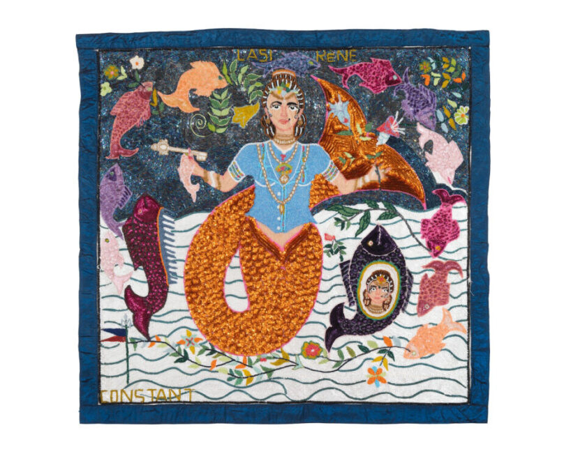 Myrlande Constant, Lasirène , 2010, beads and sequins on fabric, 107x109 cm, courtesy of the artist and Fort Gansevoort, New York.