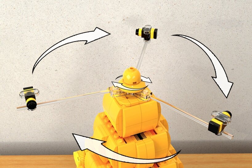 there are suspended bees on the interior that rotate