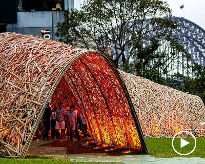 thousands of hand-split bamboo strands weave curved tunnel by cave urban in sydney