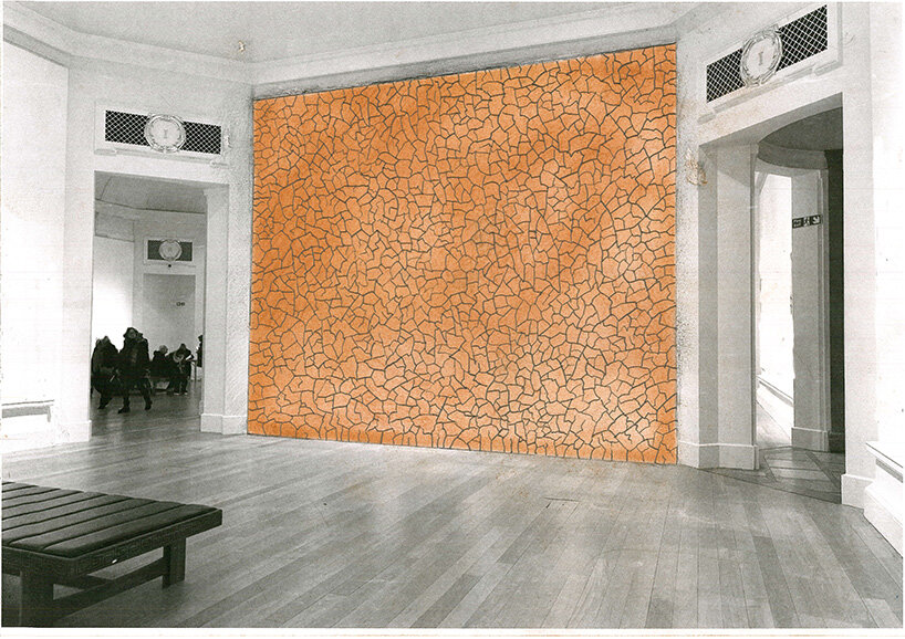 Andy Goldsworthy, Proposal drawing for Red Wall, Royal Scottish Academy, Edinburgh, 2024, pencil on photocopied image