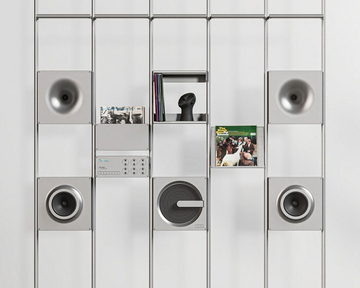 aluminum grid sound wall imagines modular speaker system as central furniture piece