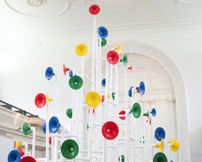 in yuri suzuki’s UTOOTO, viewers build the sonic interactive installation using modular horns