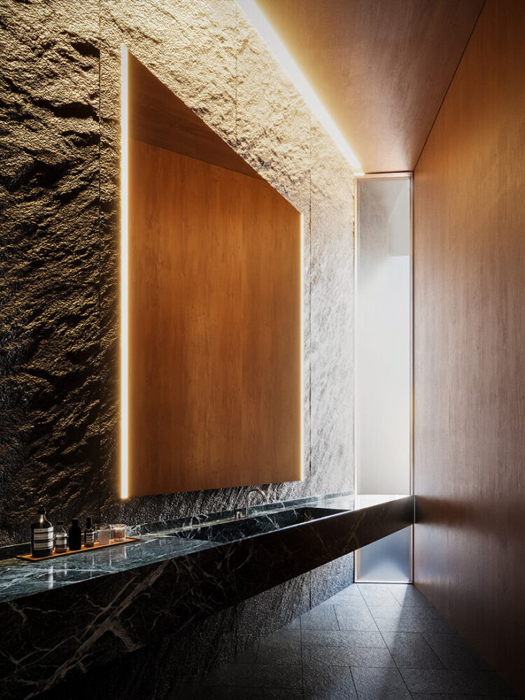 primary suite and three guest rooms each feature private bathrooms