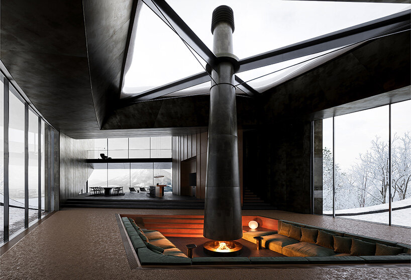 a lounge overlooks the volcanic peak