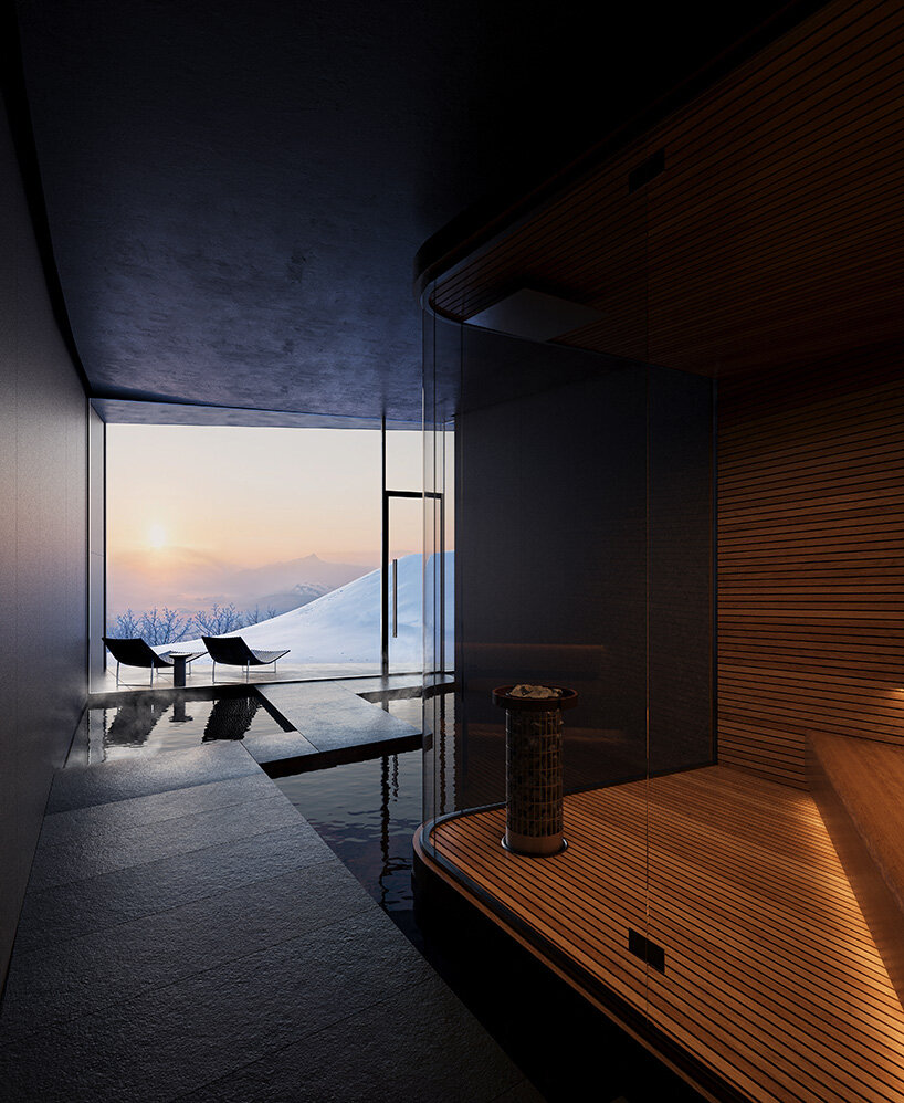 the sauna and spa space also offers views of the mountains