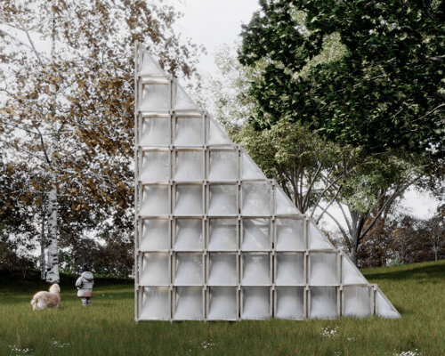 white textile skin over timber frame forms triangular nomadic cabin by celva and saga