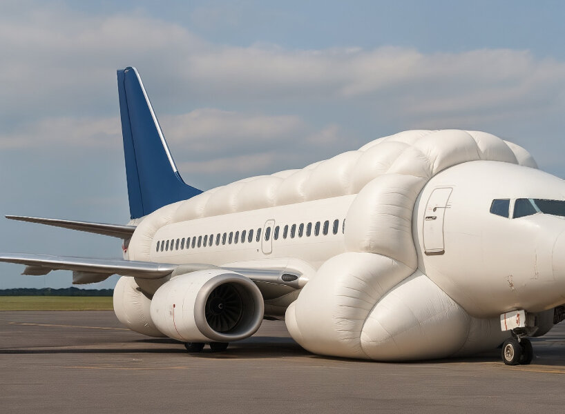 view of the system automatically wrapping the aircraft with inflating external airbags