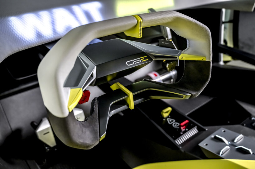 view of the steering wheel with the illuminating fabrics