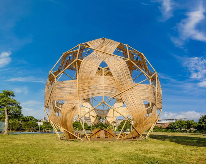 bamboo-woven spherical installation by cheng tsung feng shapes meeting dome in taiwan