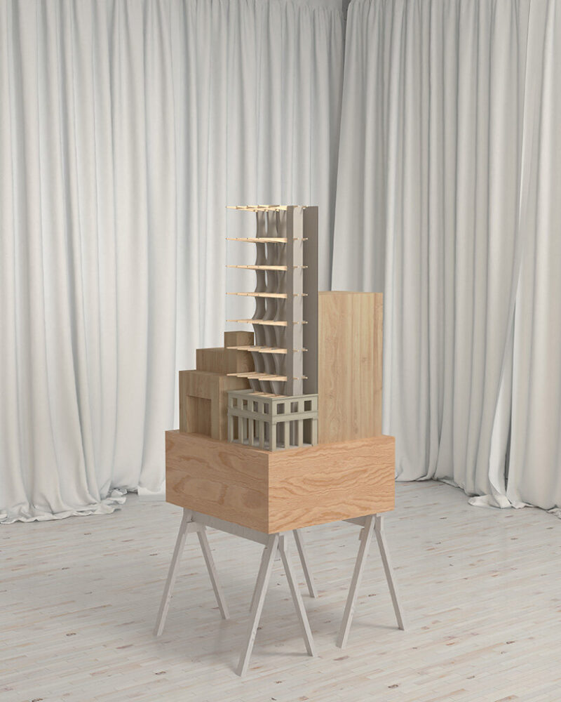 the structure is reduced to three columns and one elevator shaft, emphasizing clarity and efficiency