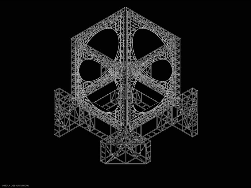 this isometric drawing reveals the steel truss framework concealed beneath the cube’s pristine white surfaces