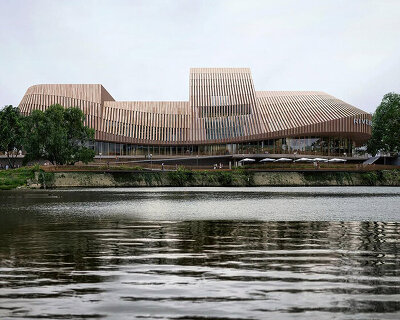 3XN and COX plan riverside theatre for sydney, australia with twisting, timber structure